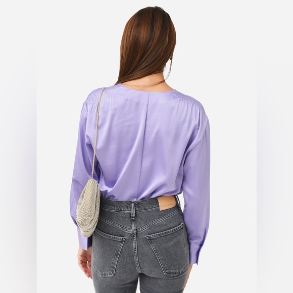 NWOT Vince Smocked Shoulder Long Sleeve Satin Blouse in Lily Stone Size XL - Picture 6 of 16